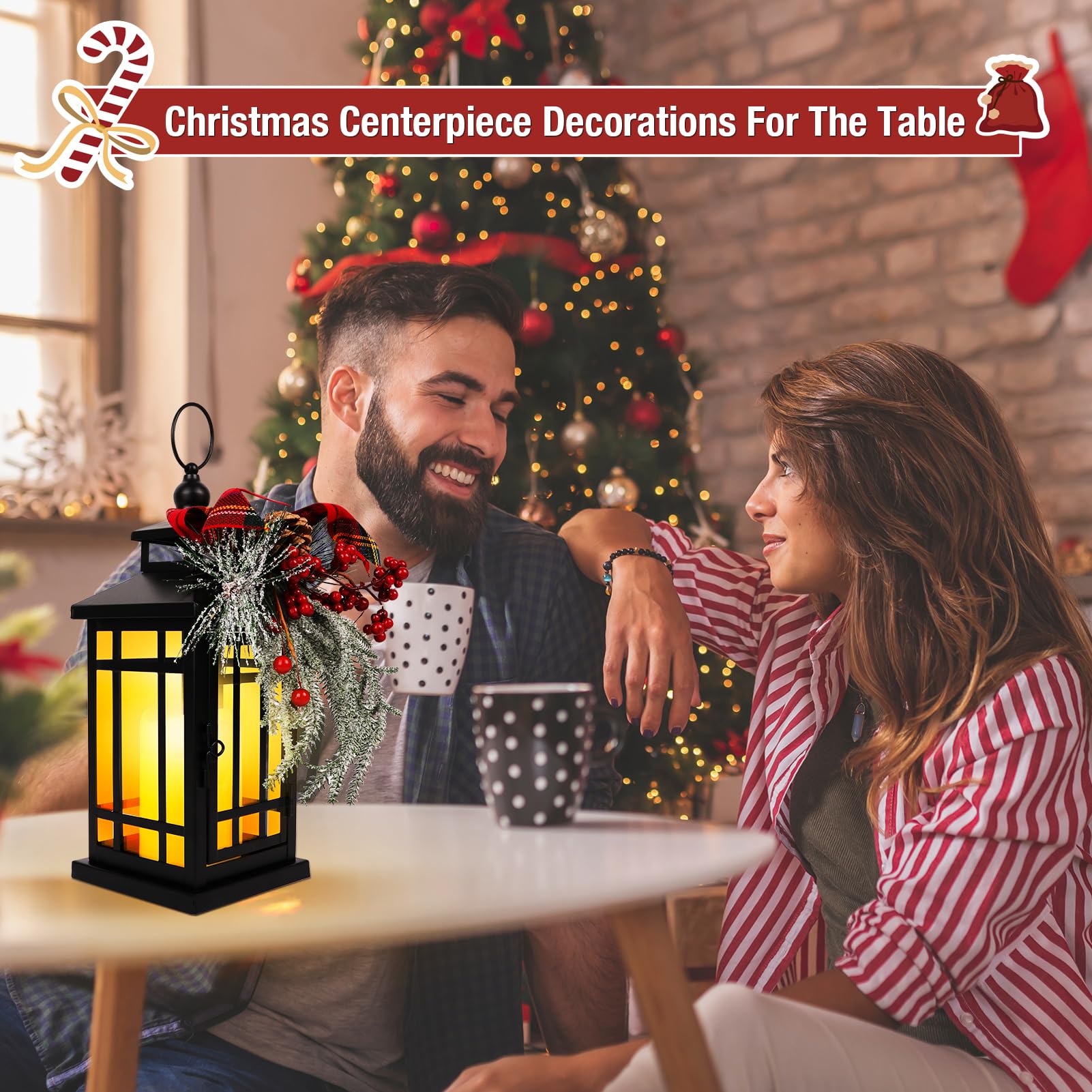 Paquete de 2 faroles de vela de Navidad de 14 pulgadas, linterna decorativa de Navidad colgante con adorno de Navidad para mesas de interior y hogar, chimeneas, patio al aire libre