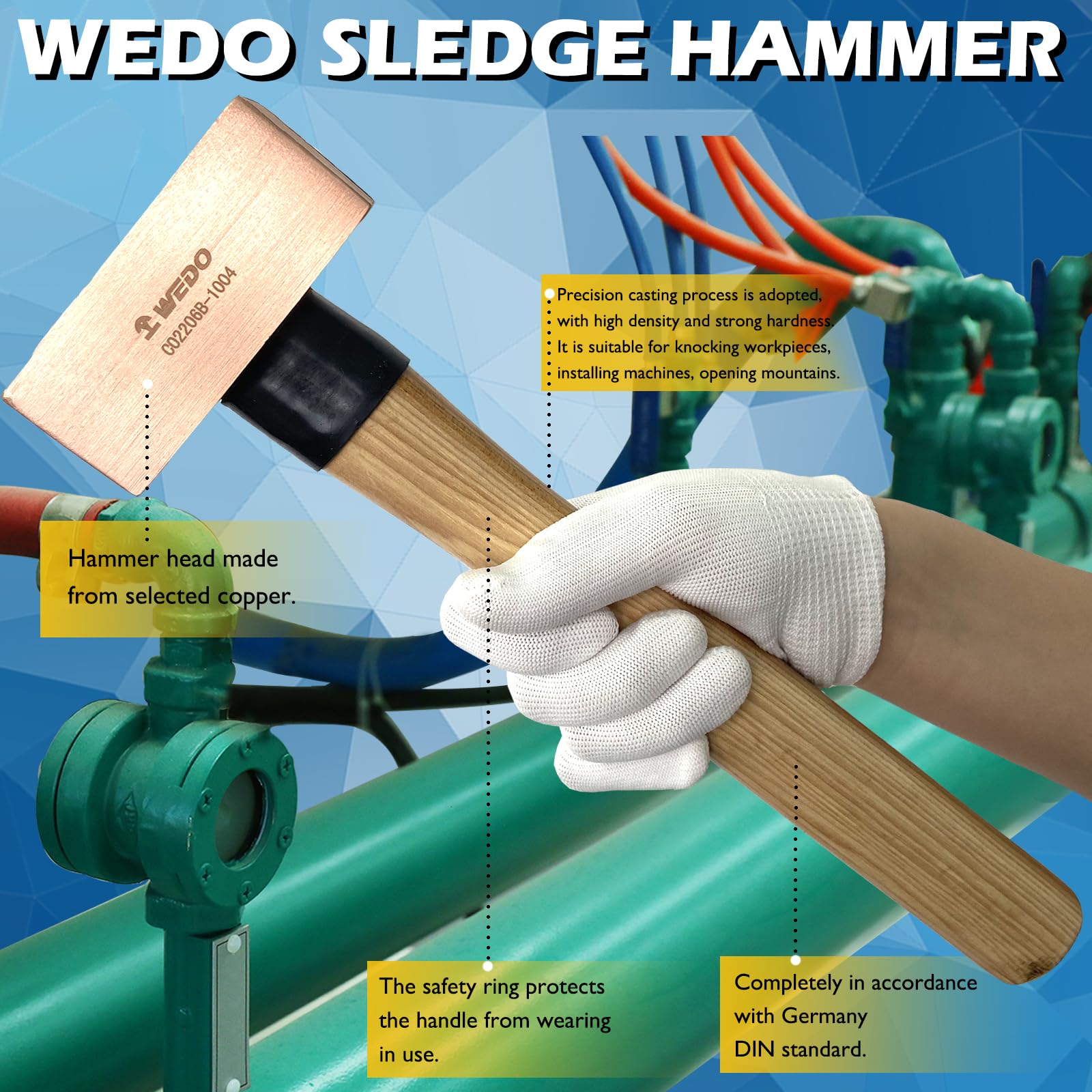 WEDO Kupferhammer,Schlosser-Hammer mit Holzgriff,500g Kupfer Fäustel,Länge 300mm,Trockenbauhammer,Stemmhammer,Abbruchhammer,Robuster Stiel,langlebig,Korrosionsschutz Vorschlaghammer