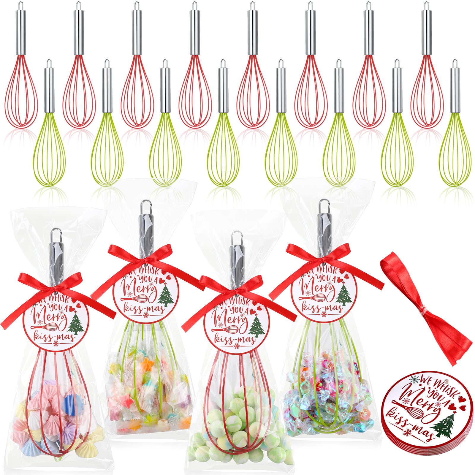 FoldTier 16 Sets 10 Inch Christmas Whisks Gifts DIY Fillable Christmas Tree Ornaments Xmas Colored Silicone Whisks for Cooking Heat Resistant Egg Beaters with Card Rope Bag for Candy Holder