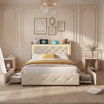 Single Storage Bed Frame 90 x 190 cm, Velvet Bed with 2 Side Drawers, LED Headboard with USB Charging, Tufted Headboard & Footboard, Slatted Base, Beige