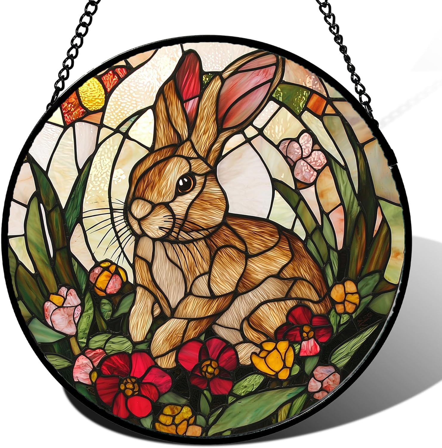 AMDERVEN Stained Glass Window Hanging, Cute Bunny Flowers Sun Catcher for Window Door Home Decor, Rabbit Suncatcher Christmas Mother's Day Birthday Gifts for Women Men Mom and Nana 6.3 in