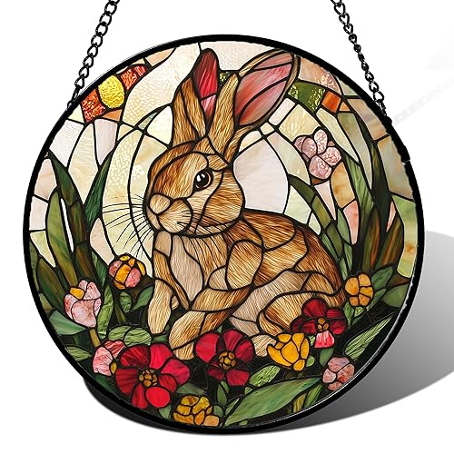 Stained Glass Window Hanging, Cute Bunny Flowers Sun Catcher for