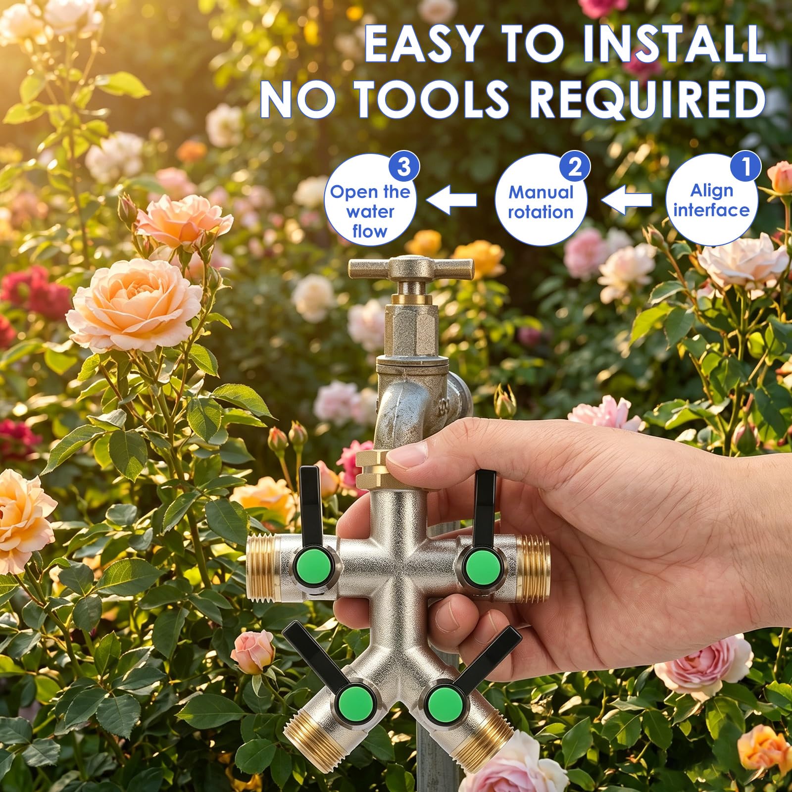 Distribuidor de agua de 4 vías, latón, manguera de jardín con válvula de bola, 3/4" NPT grifo distribuidor 4 compartimentos, para riego de jardín, lavado de coches y limpieza de patio (negro)