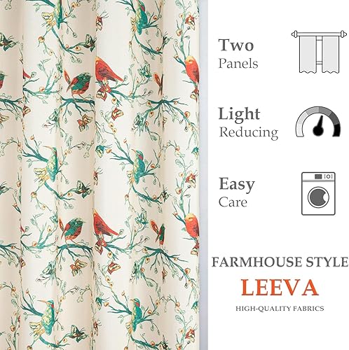 Miniatura 2 de Leeva Cortinas de lino para sala de estar de 63 pulgadas de largo, estampado de pájaros vívidos y ramas de grosor medio con ojales para estudio,