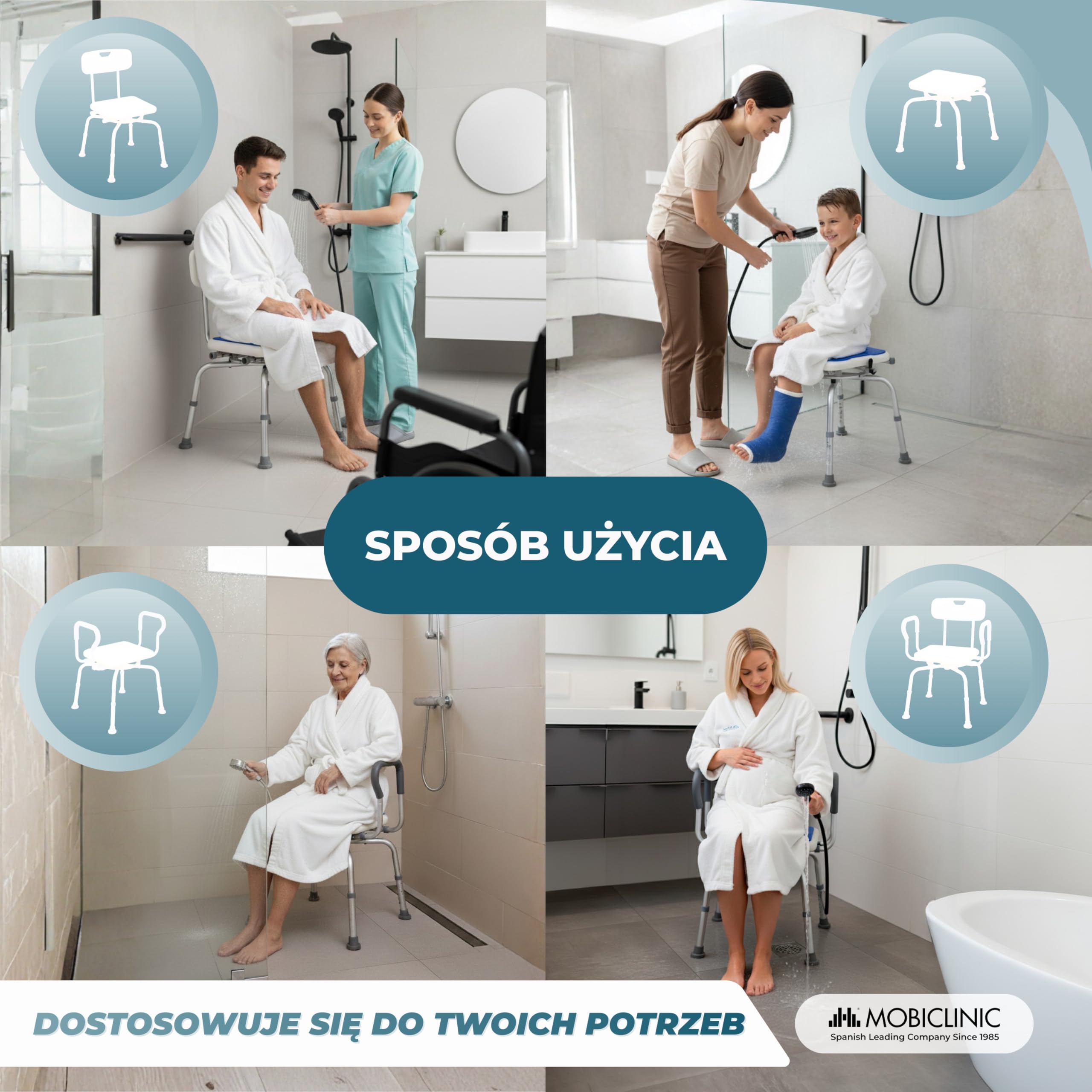 Mobiclinic®, Krzesło do Wanny Obrotowe 360°, Podłokietniki i Oparcie, Regulowana Wysokość, Siedzisko z Podkładką EVA, Antypoślizgowe Nakładki, Aluminium, dla Seniorów, Ograniczona mobilność, Akila