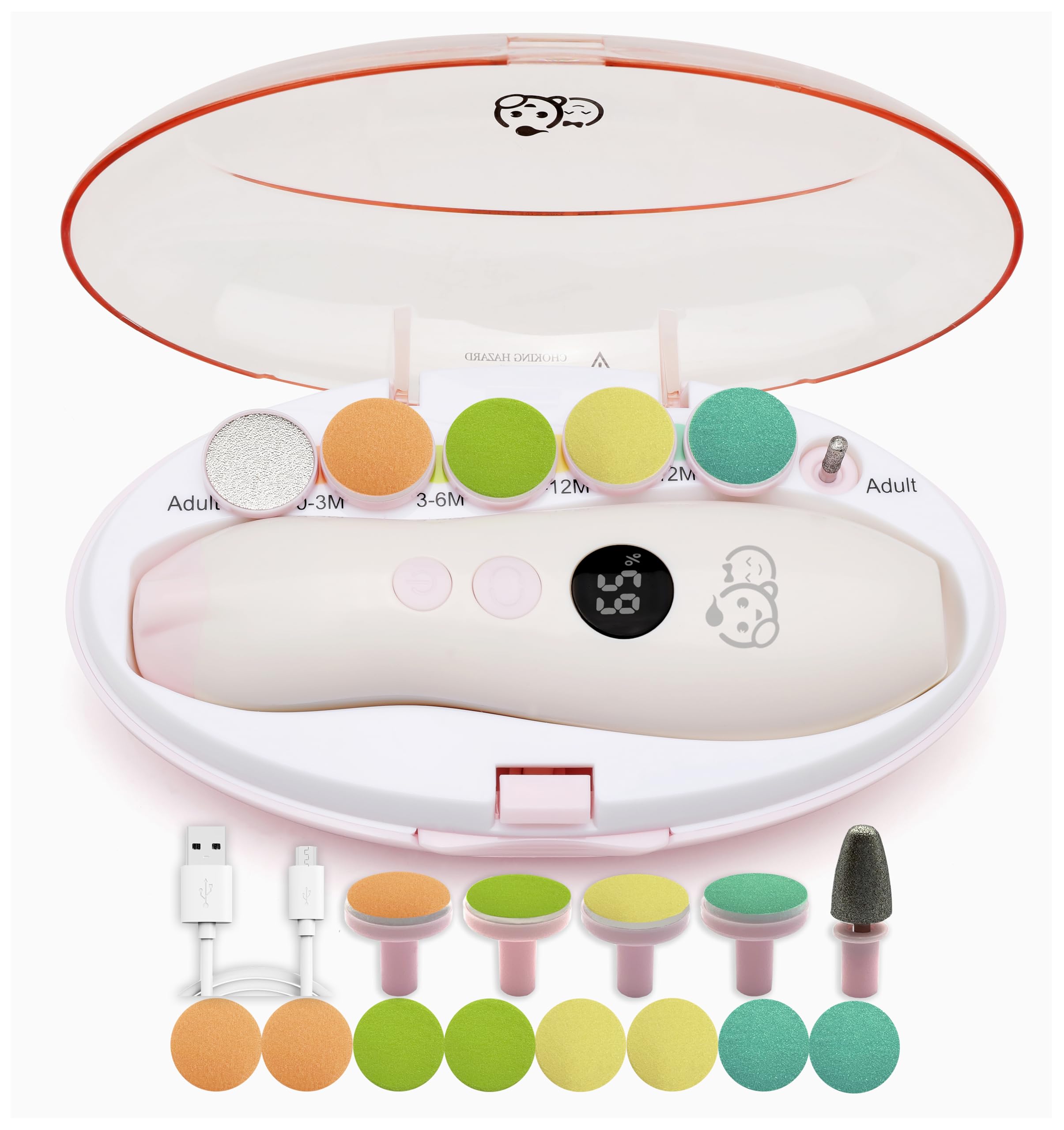 Royal Angels Tagliaunghie Elettrico Ricaricabile 22 in 1, Lima Unghie Neonati con Schermo LCD, Custodia, 13 Ricambi, 4 Velocità e Luce LED, Kit Manicure (Ricaricabile, BiancoRosa)