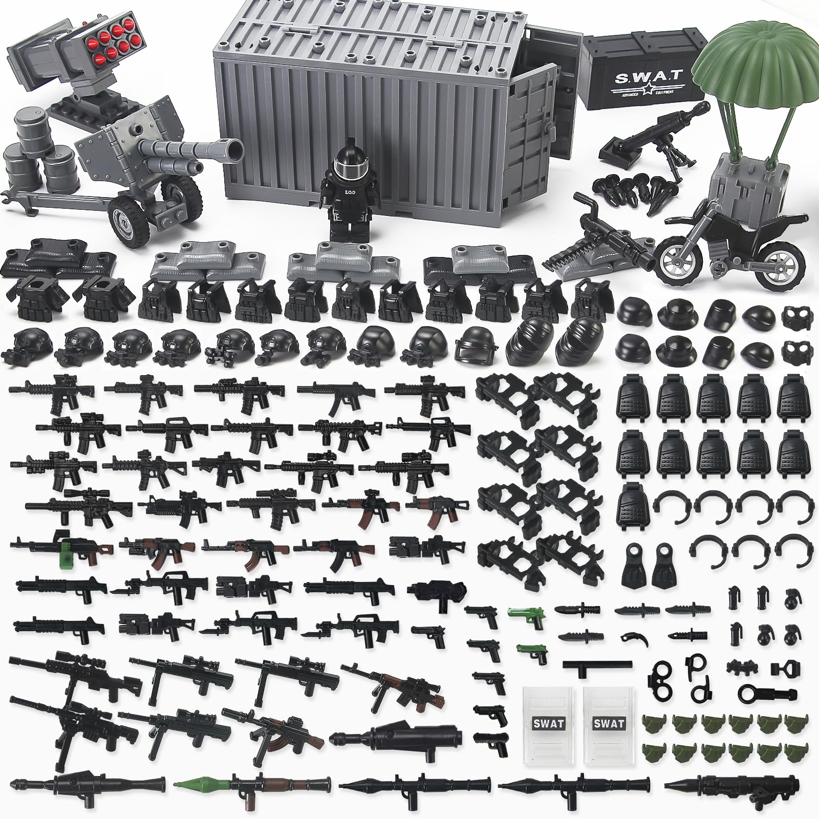 Feleph 325pcs Military Weapons Pack with Shipping Cargo Container Army Helmet Armor Accessories Building Block Toy Compatible with Soldier Figures (Black)