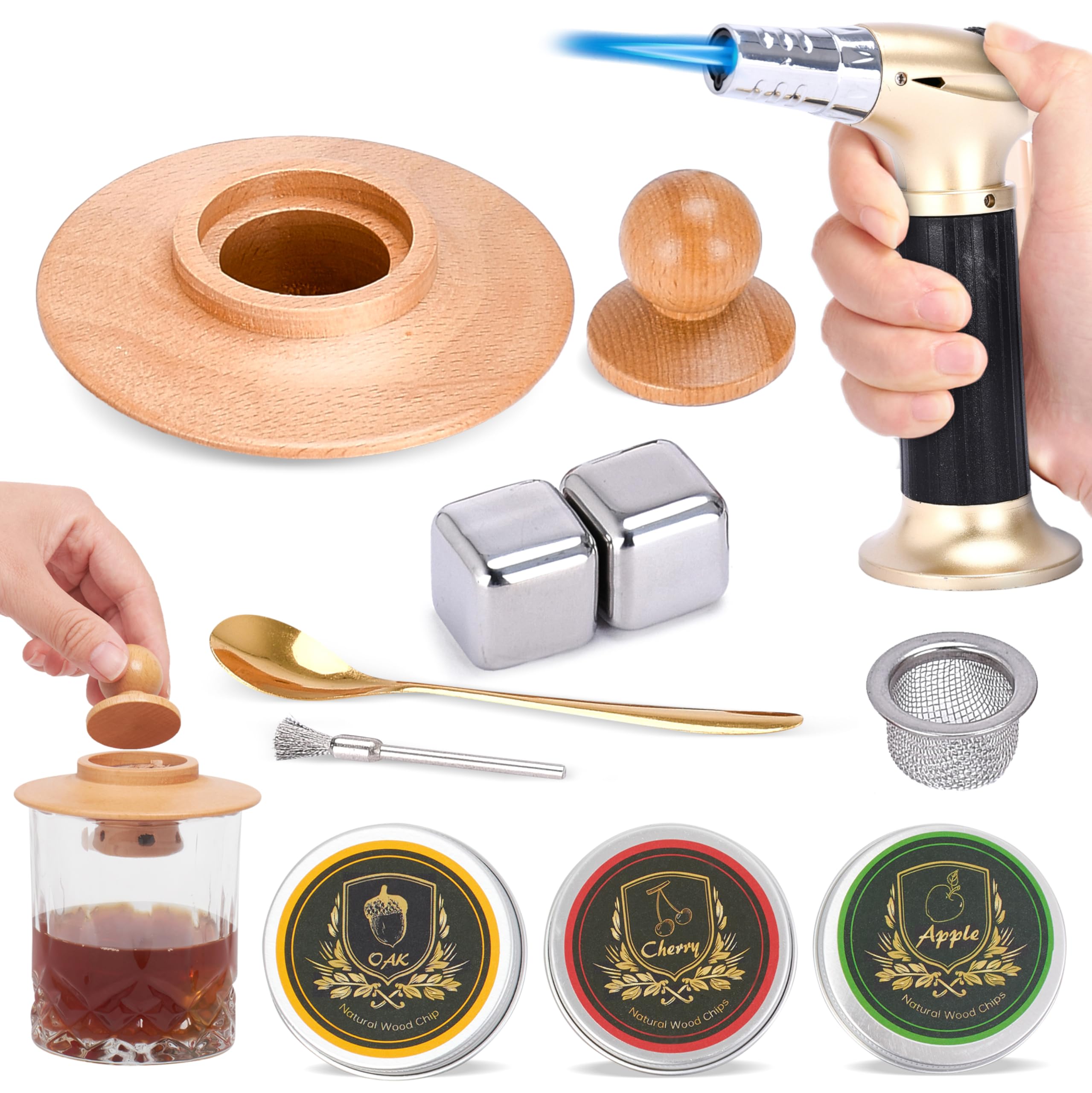 Barvivo Cocktail Smoker Kit with Torch - Whiskey Smoker Kit for Bourbon and other Drinks - Old Fashioned Smoker Kit - Whiskey Lover Gifts for Men, Dad, Husband - Set of 7 - Golden Torch