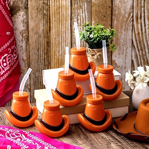 Miniatura 3 de Amyhill Vasos de sombrero de vaquero con tapas y pajitas de plástico de 12 onzas para suministros de fiesta occidental, decoraciones de fiesta de