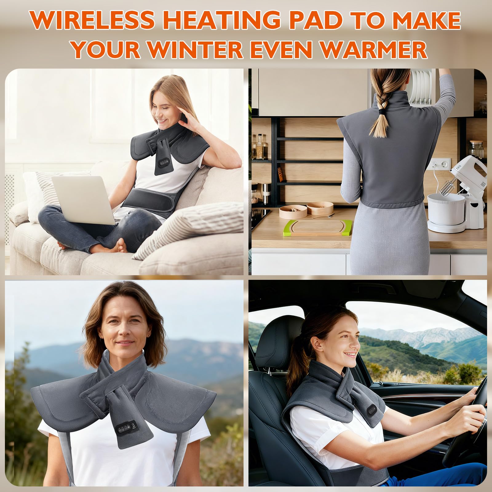 Coussin Chauffant avec Batterie 10000mAh 3 Niveaux Réglage Température 3 Modes de Massage Arrêt Automatique