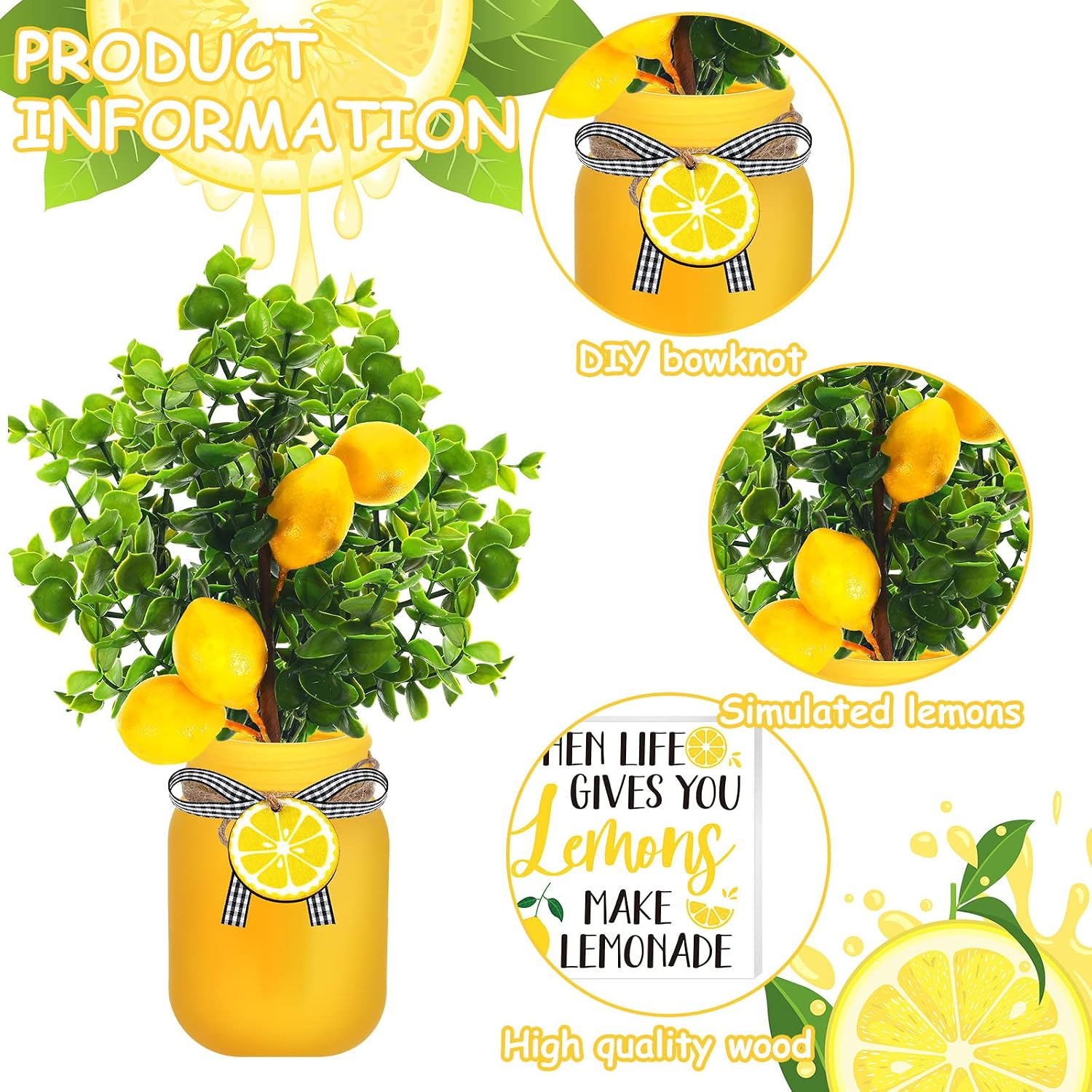 Jexine 12 Pcs Lemon Kitchen Decor Set Summer Mason Jar Centerpieces with Faux Lemons Wooden Signs Rolling Pin Farmhouse Lemon Tiered Tray Decor Accessories for Home Lemonade Stand Party Supplies