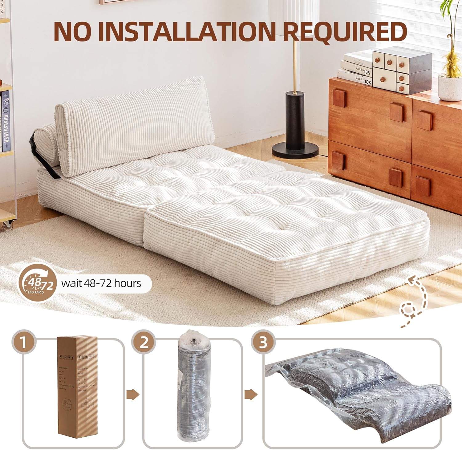 GYUTEI Folding Sofa Bed, Convertible Sleeping Chair with Backrest Support and Soft Corduroy Fabric๏ผFold Couch Bed with Pillow for Small Spaces/Living Room/Bedroom/Apartment, Single Size,Beige 6 817pEO 1fXL. AC SL1500