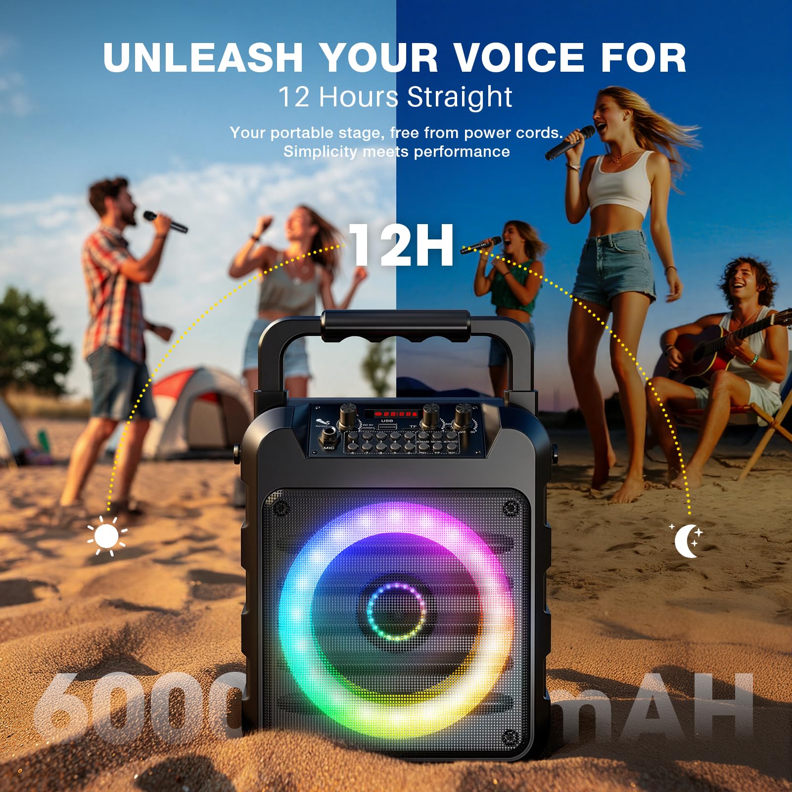 Dislocati Karaoke Maschine mit 2 Wireless Mikrofonen - 20W Tragbarer Party-Lautsprecher, LED-Lichtshow, TWS, AUX/USB, Bluetooth 5.3, 12h Laufzeit - Geschenk Für Erwachsene und Kinder