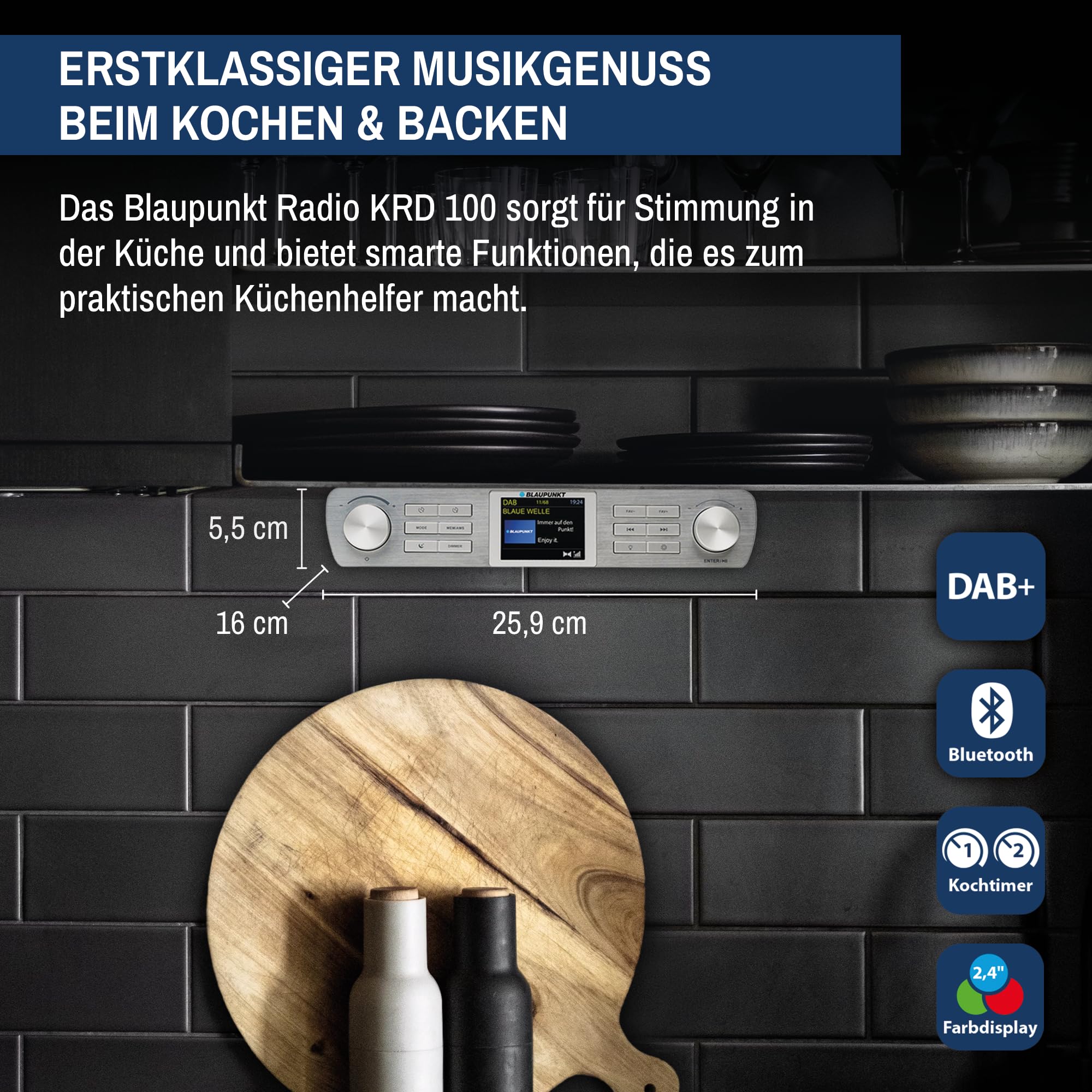 Blaupunkt KRD 100 - Radio de cocina con DAB +, memoria y FM PLL, incluye material de montaje y soporte, pantalla LED y luz, potencia musical 2 x 2 W (RMS), radio DAB Plus