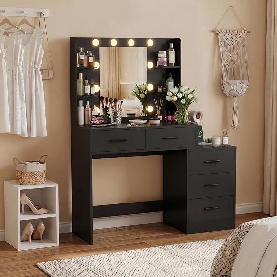 Furmax Makeup Vanity Desk with Mirror and Power Outlet, Vanity with 3 Color Light Options Adjustable Brightness, Vanity Table with 5 Drawers, 6 Storage Shelves, Nightstands (Black)