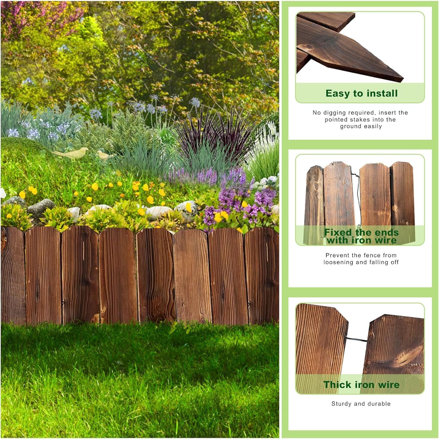Garden Wooden Fence,12ft X 8in Pine Wood Flower Bed Edging Borders, No Fading Planter Fencing for Outdoor Patio Lawns Yard Flower Bed Decoration