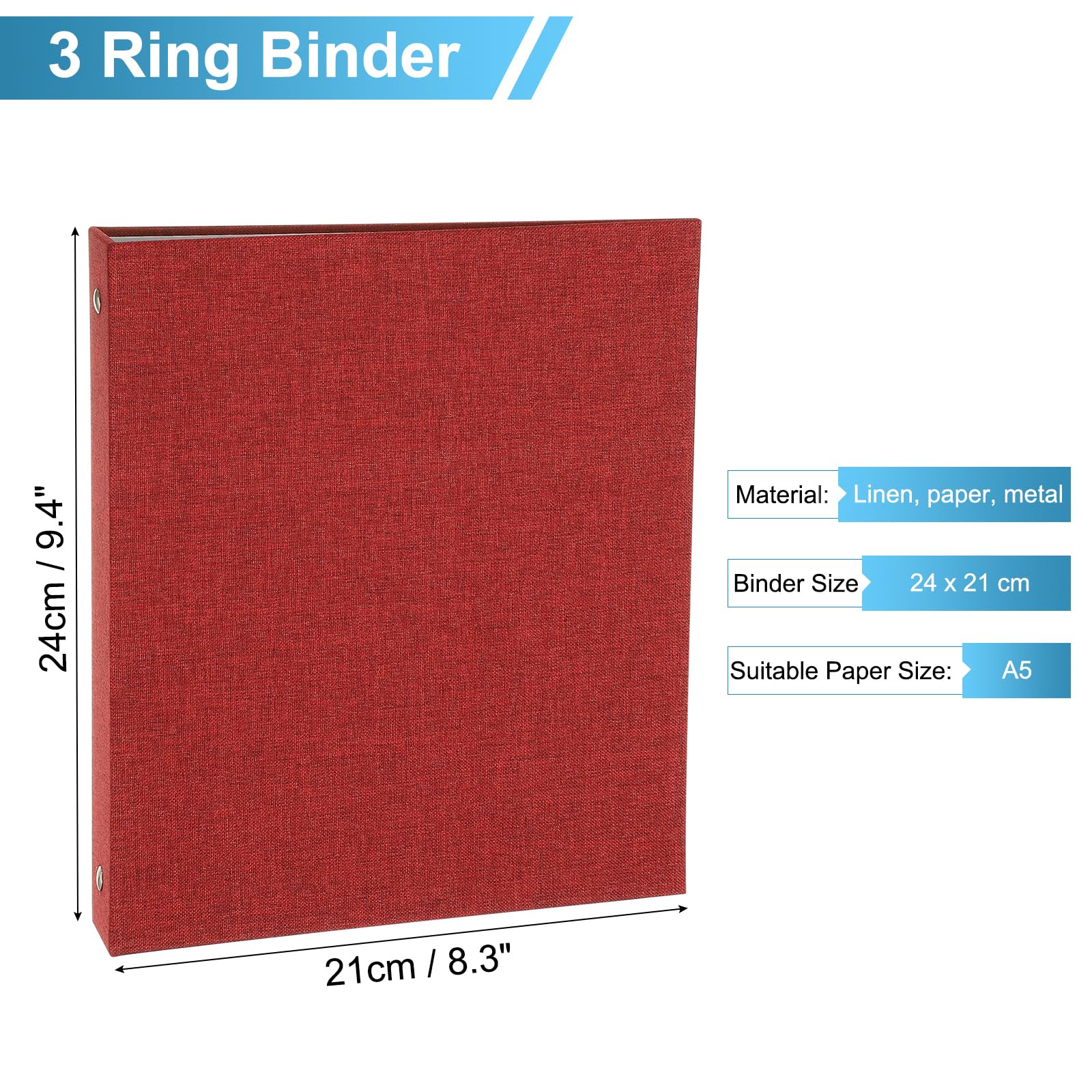 PATIKIL A5 Size 3 Ring Binder,1Pcs 1 Inch Round Ring Durable Linen Hardcover Binder Fit for Paper Recipe Photo Office Red - Image 2