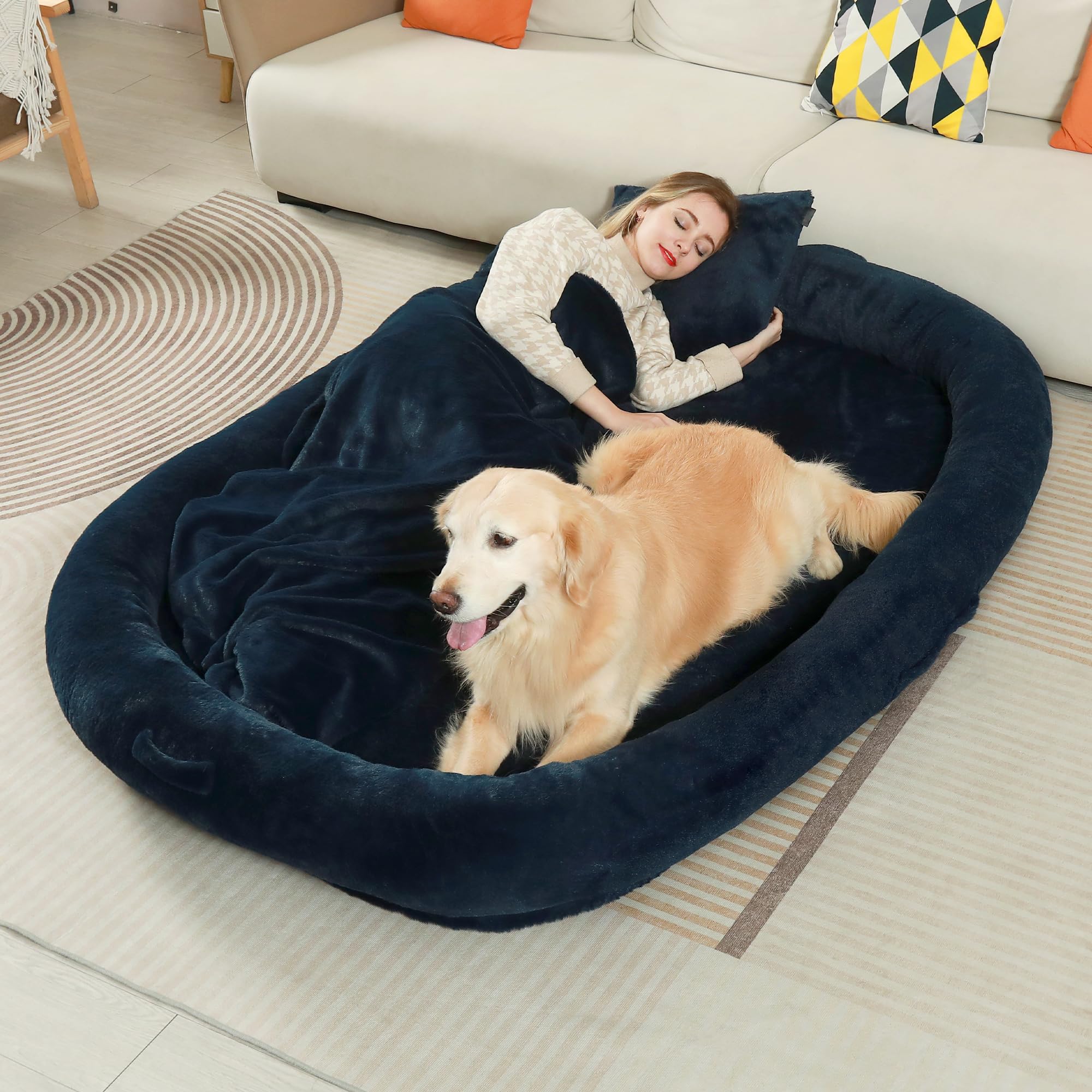 Human Dog Bed for Adult, 72"x48"x10" Dog Bed for Humans with Memory Foam, Human Size Dog Bed with Supportive Mat Storage Pocket, Washable Adult Dog Bed, Present Plump Blanket and Pillow, Dark Blue