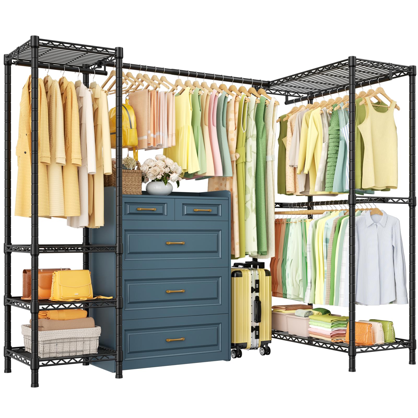 E10L L-Shaped Clothes Rack for Corner With Expandable Hanger Rod Heavy Duty Freestanding Clothing Racks for Hanging Clothes