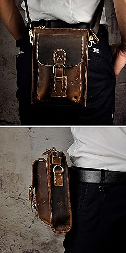 Miniatura 9 de Leaokuu Riñonera de cuero genuino para hombre bolso de hombro pequeño mensajero para teléfono cinturón El 6402 café Oscuro