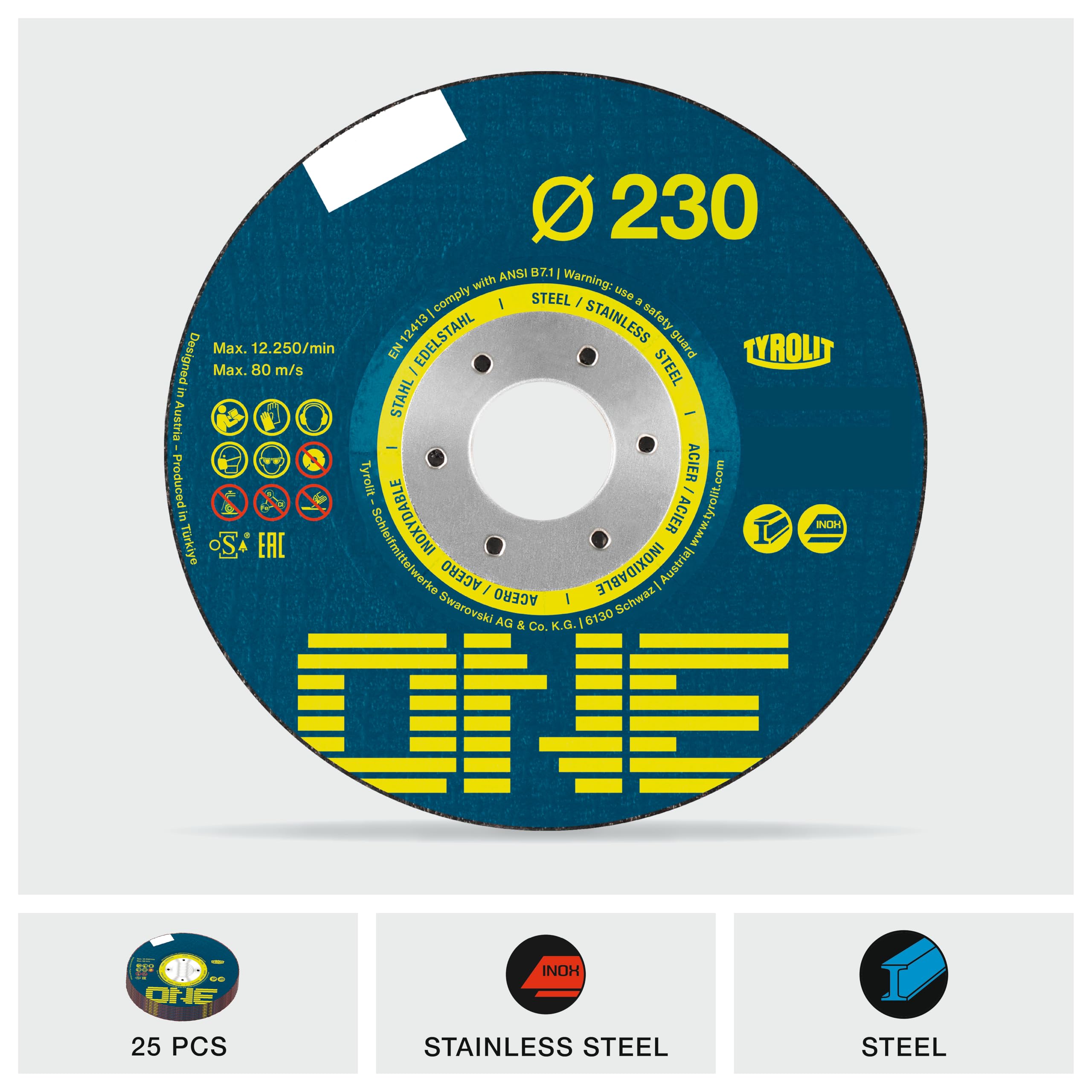 TYROLIT ONE - Discos de corte de metal 2 en 1, discos de amoladora angular duraderos para un corte súper rápido de acero inoxidable, 230 mm x 3 mm x 22,23 mm, paquete de 25