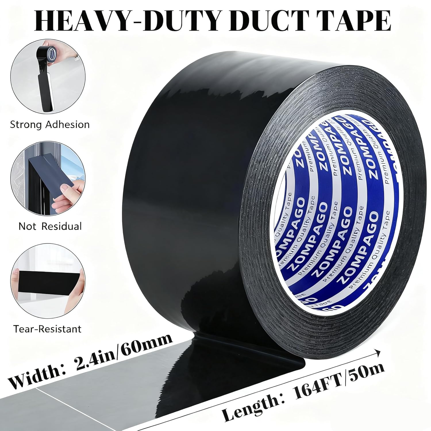 Black Duct Tape Heavy Duty, 2.4in x164FT, Tearable Strong Adhesive Waterproof Seal Tape for Indoor Outdoor Use, Multi Purpose for Packaging, Bundling, Repairs, Carpet Seaming, Crafts
