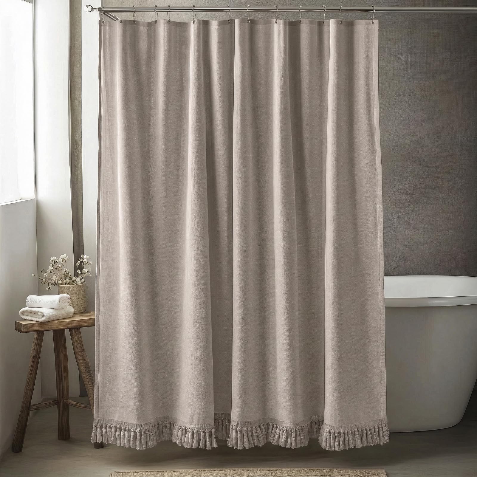TURKIO 96inch Extra Long Shower Curtains 72 x 96 Inches Taupe Shower Curtain Linen Shower Curtain with Tassels Boho Shower Curtains for Bathroom Rustic Farmhouse Shower Curtains Bath Decor