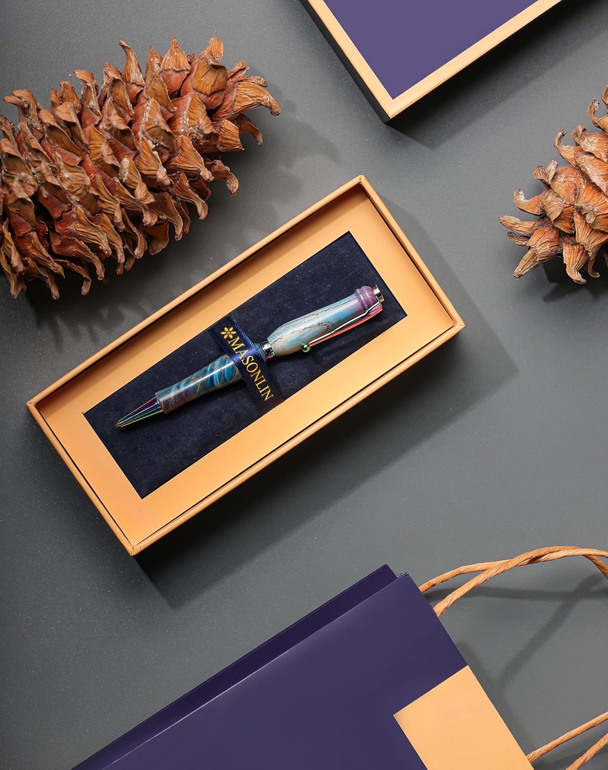 Hand Crafted Masonlin Series Ballpoint Luxury Pen, Blue White Ash With Colorful Titanium Fine Writing Instrument, Elegant Writing Pen With Gift Box, Appreciation Gifts for Men Women
