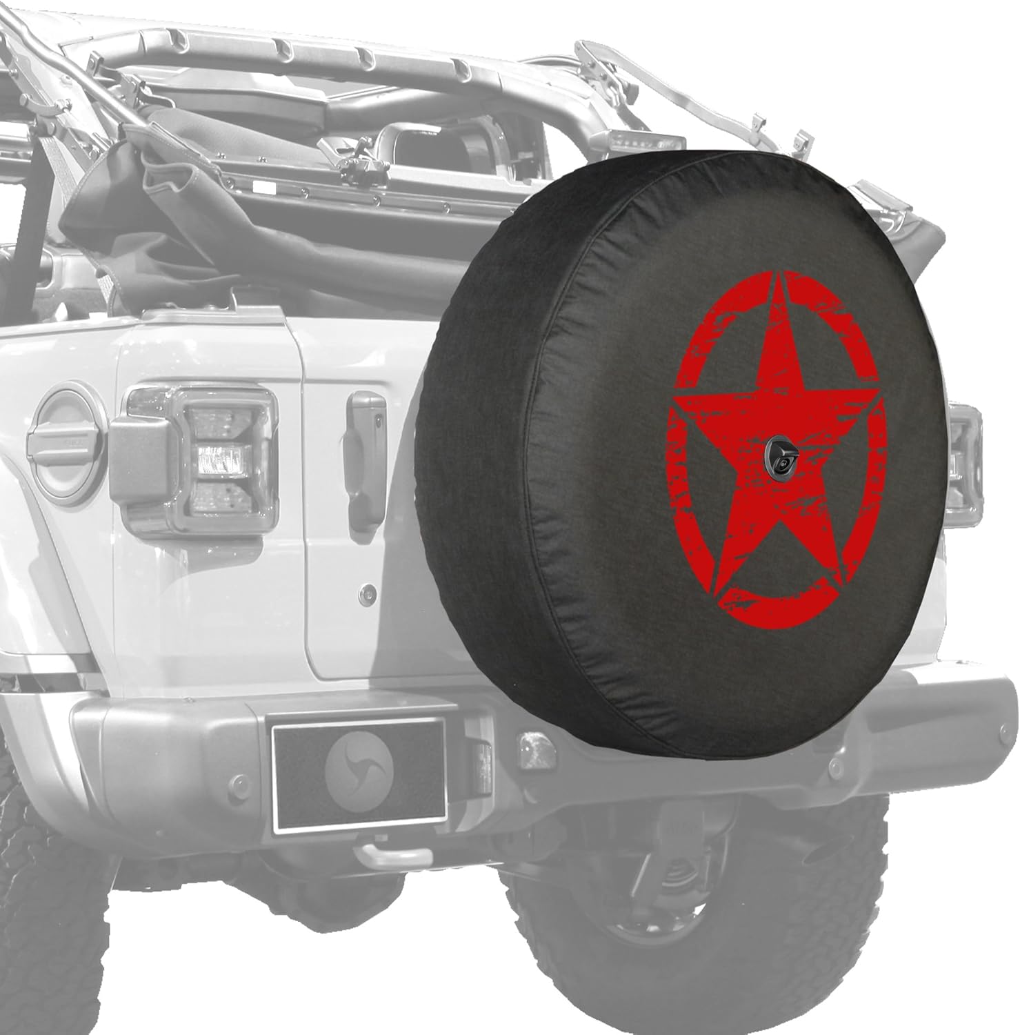 Boomerang - Distressed Star (Red Print) - 32" Soft JL Tire Cover for Jeep Wrangler JL (with Back-up Camera) - Sport & Sahara (2018-2024) - Made in The USA