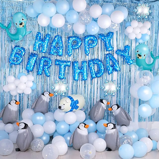 Frozen Birthday Party Decoration Set for Boys and Girls Walking Animal Penguin Polar Bear Theme Balloons Snowflake Foil Curtain Happy Birthday Banner Blue White Arch Kit Birthday Decoration for Kids