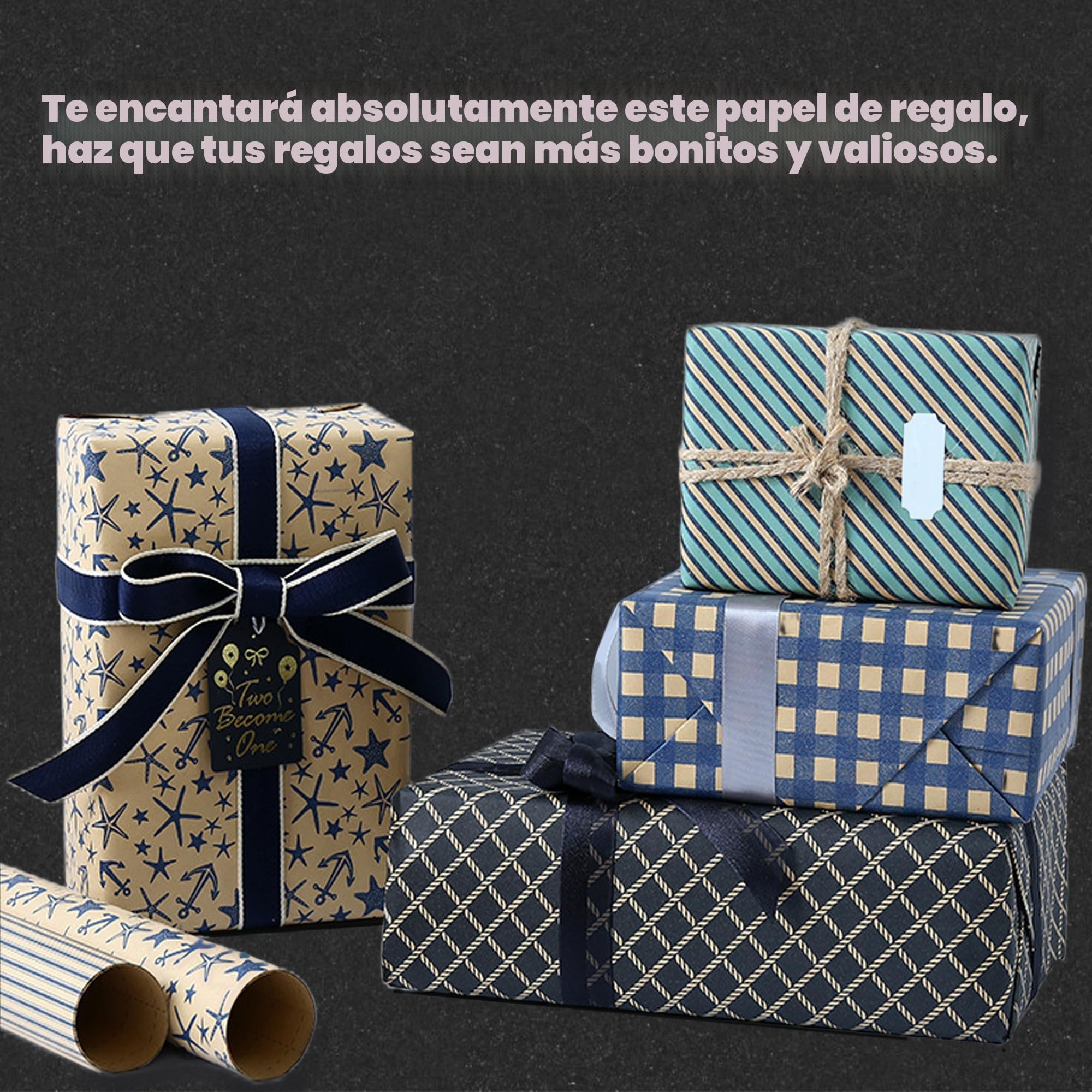 Dantolo 8 Piezas Rollo Papel Kraft Decorado, 50x70cm Papel Para Envolver Regalos, Papel Regalo Kraft con cuerda de cáñamo para Cumpleaños, Navidad, Bodas