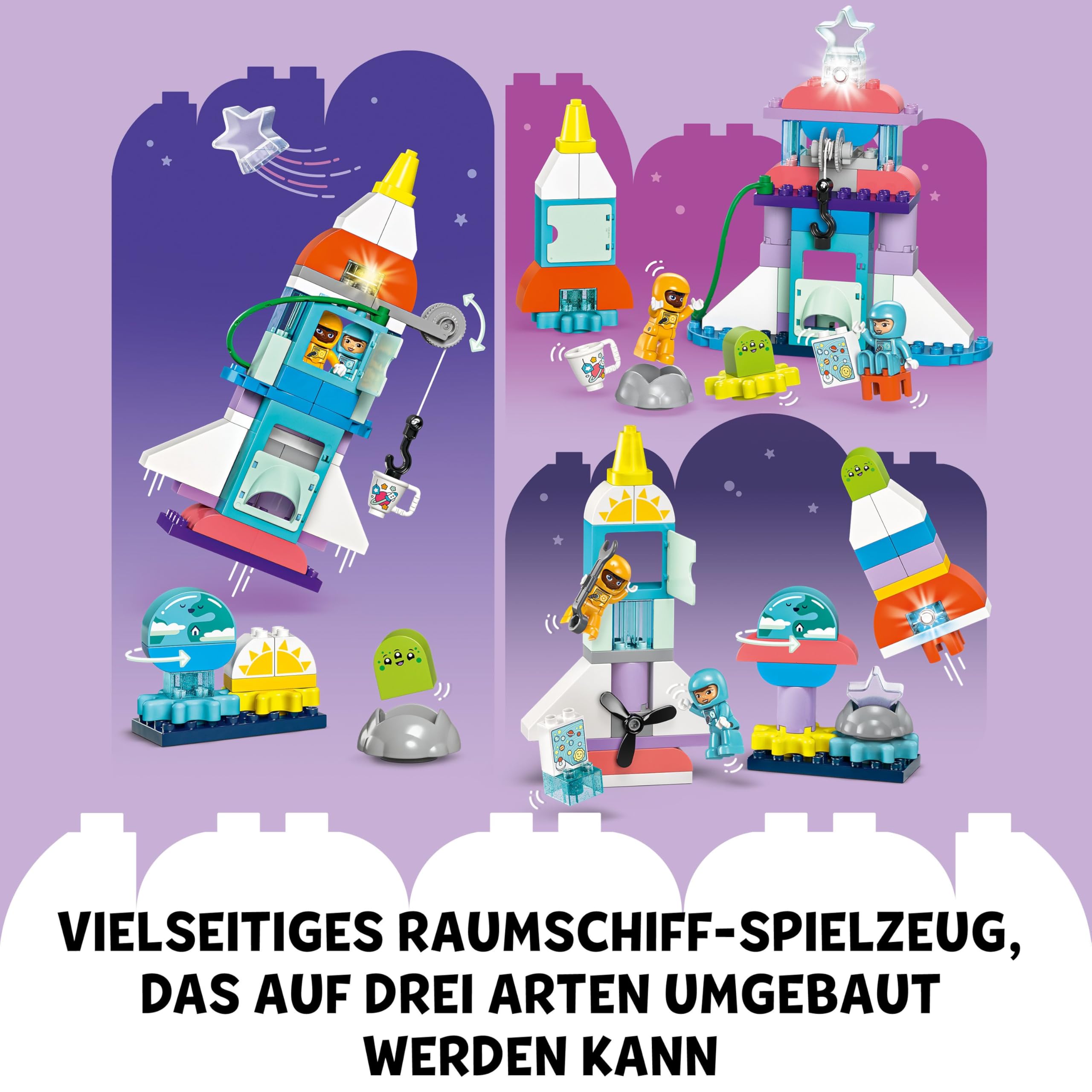 LEGO DUPLO 3-in-1-Spaceshuttle für viele Abenteuer, Weltraum-Set mit Raketen-Spielzeug für Kinder zum Bauen, Wissenschafts- und Motorik-Spielzeug zur frühen Entwicklung, Geschenk für 3-Jährige 10422