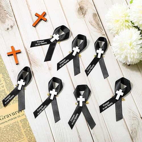 Miniatura 4 de 100 cintas funerarias cruzadas, cinta conmemorativa, pasadores funerarios clásicos, lazo de respeto conmemorativo con pasadores de seguridad y cruz