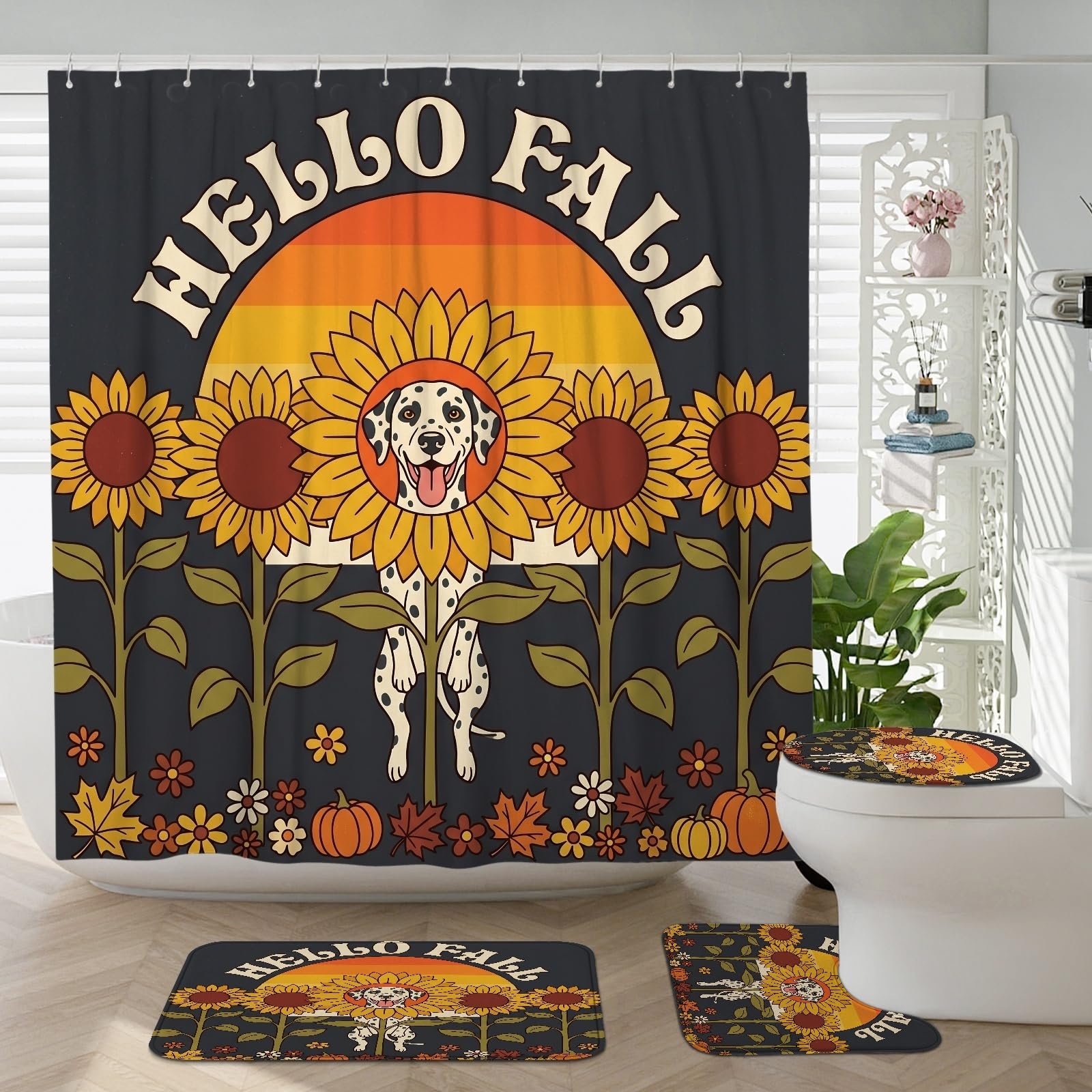 Ensemble salle de bain anti-glisse 4 pièces rideau tournesol rétro automne 183x183cm