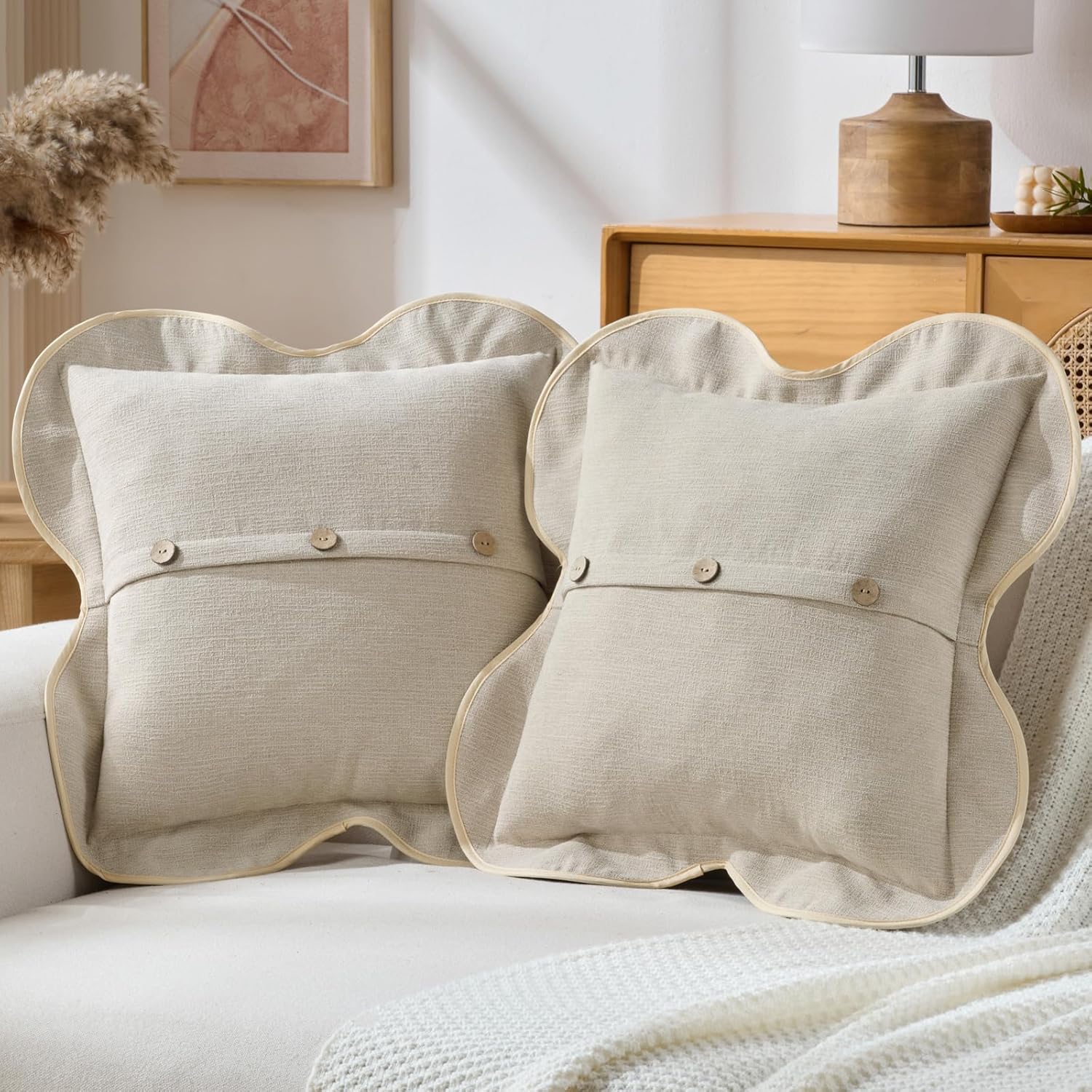 FUTEI Beige Chenille Throw Pillow Covers 18x18 Inch Set of 2, Four-Leaf Clover Shape with 3 Buttons Scalloped Bordered Design Cushion Case, Neutral Home Decor for Couch