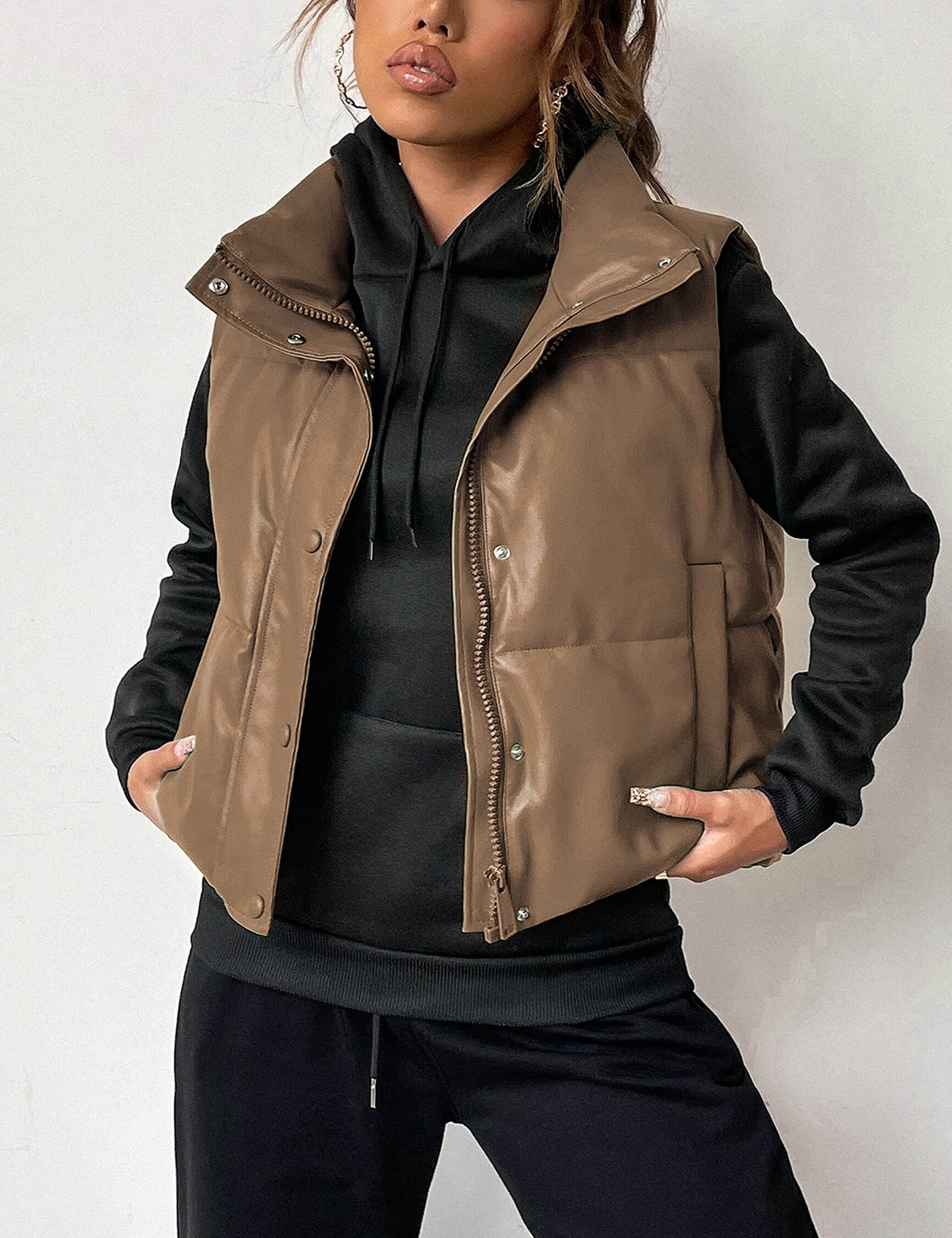 Ailoqing Womens Faux Leather Puffer Vest Zip Up Sleeveless Winter Cropped Jacket
