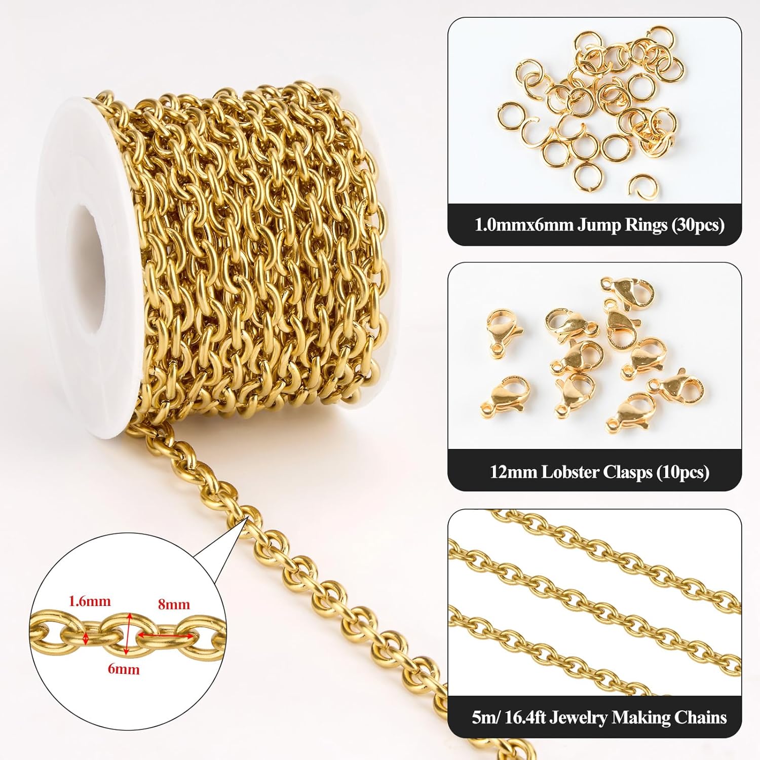 YOUBEIYEE 5 Meters Gold Plated Stainless Steel Chain on Spool Unwelded Cross Link Chain with Jump Rings and Lobster Clasps - Image 2