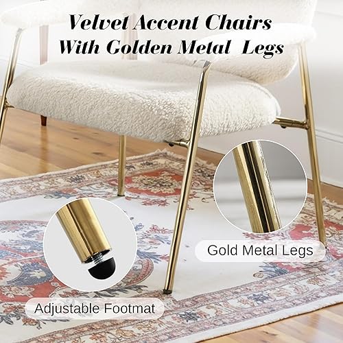 Miniatura 6 de Juego de 2 sillas decorativas, sillón tapizado de sherpa, silla auxiliar de lectura, cómoda silla de sala de estar con patas de metal dorado para