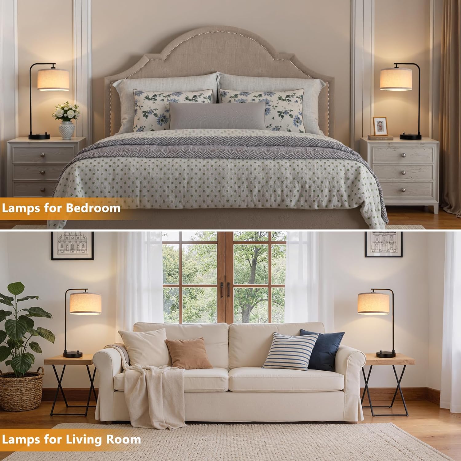 Innqoo Bedside Table Lamps for Bedroom Set of 2-Dimmable Nightstand Lamps with USB Port and Outlet,Modern Black Lamps with Linen Shade,Tall Desk Lamps for Home Office Bedroom Living Room End Table