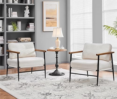 Miniatura 25 de Yaheetech Silla decorativa, moderna silla de tocador, silla de salón de tela Boucle con marco de metal, almohada trasera de felpa y cojín de