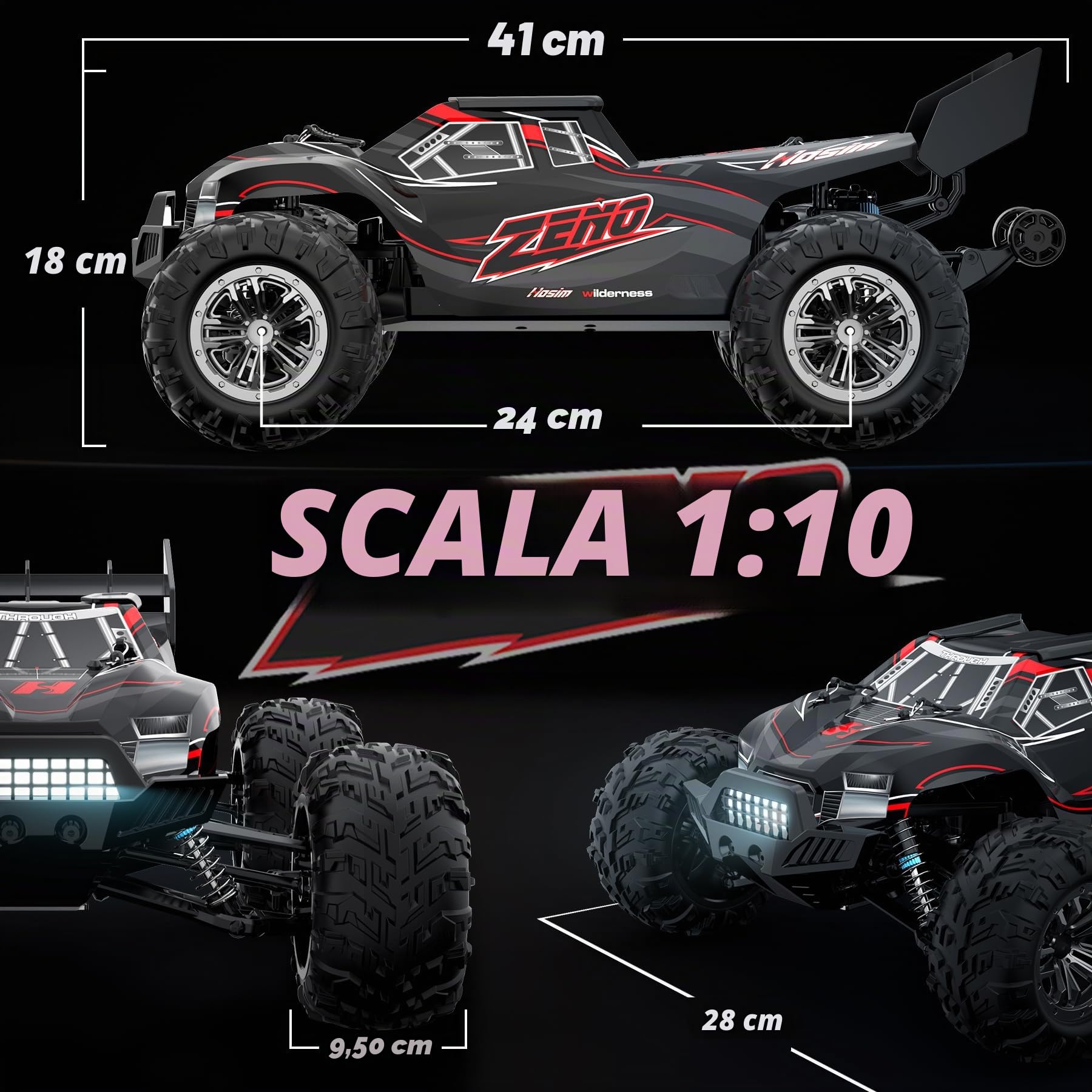 Hosim 1:10 Auto telecomandata per adulti, Buggy RC 4WD ad alta velocità 48 + KM/H con 2 batterie 7,4 V 1500 mAh, auto elettrica RC grande camion RC fuoristrada 2,4 GHz impermeabile
