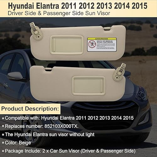 Miniatura 2 de Reemplazo del parasol del lado izquierdo del conductor y del pasajero derecho compatible con Hyundai Elantra 2011 2012 2013 2014 2015 Reemplazo #
