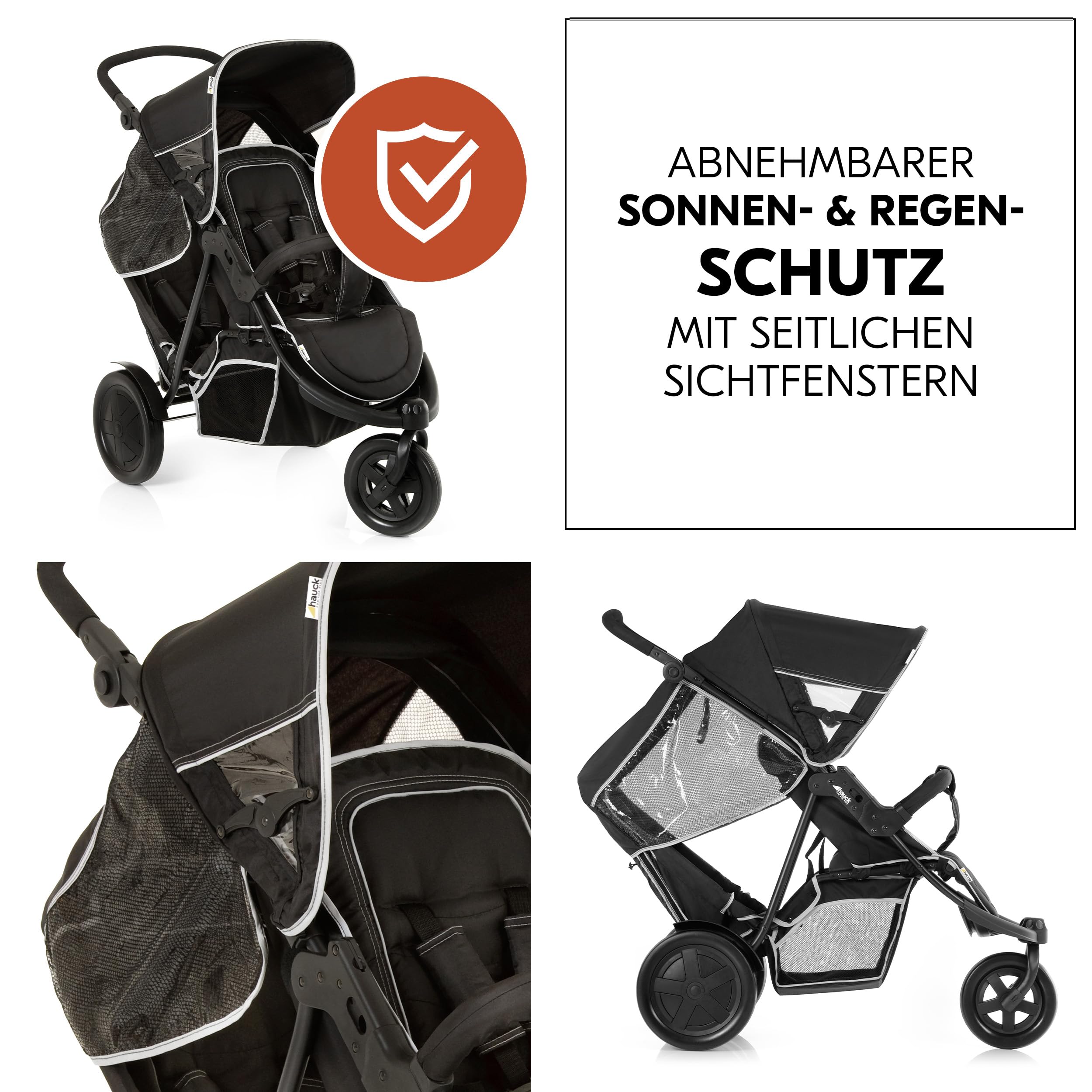 Hauck Freerider Black Dreirad Geschwisterbuggy Kinderwagen für 2 Kinder mit Regenschutz, oberer Sitz ab Geburt Liegeposition, abnehmbarer Zweitsitz ab 6 Monaten