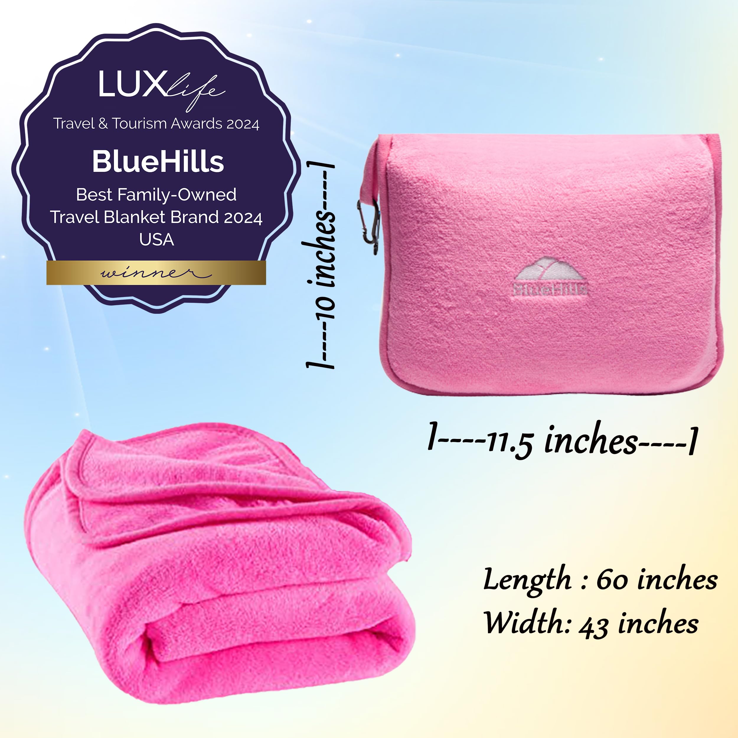BlueHills Premium Soft Travel Blanket Pillow Airplane Blanket Packed in Soft Bag Pillowcase with Hand Luggage Belt and Backpack Clip, Compact Pack Large 2 in 1 Combo for Any Travel (Pink T004)