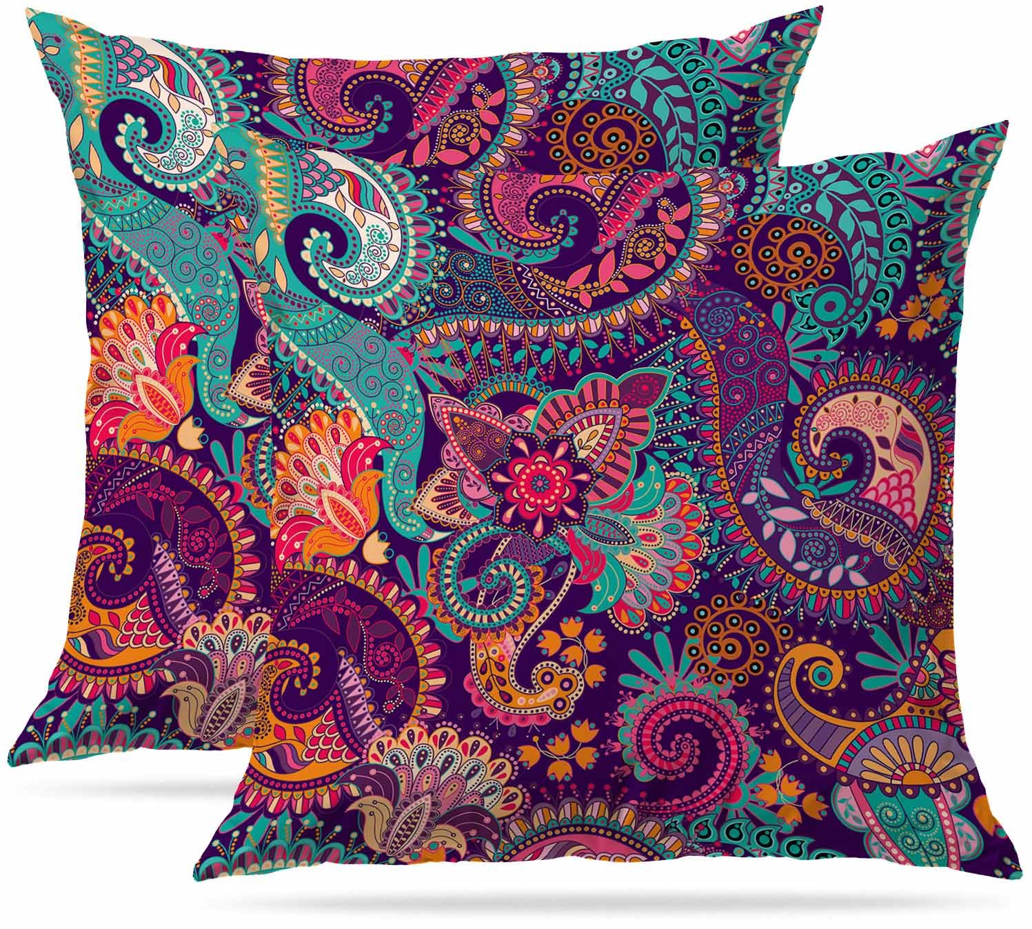 Zovinex Colorful Ethnic Paisley Cushion Covers 40 X 40 Cm Set Of 2 Pack Soft Short Plush Decorative Square Throw Pillow Case Pillowcases For Sofa Bedroom Outdoor Home Office Car Decor With Invisible Zipper