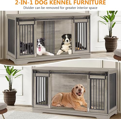 Miniatura 2 de Mueble de jaula doble 2 en 1 para perros con divisor de 60.6 pulgadas, soporte de TV resistente gris con 2 puertas correderas y marco de puerta de