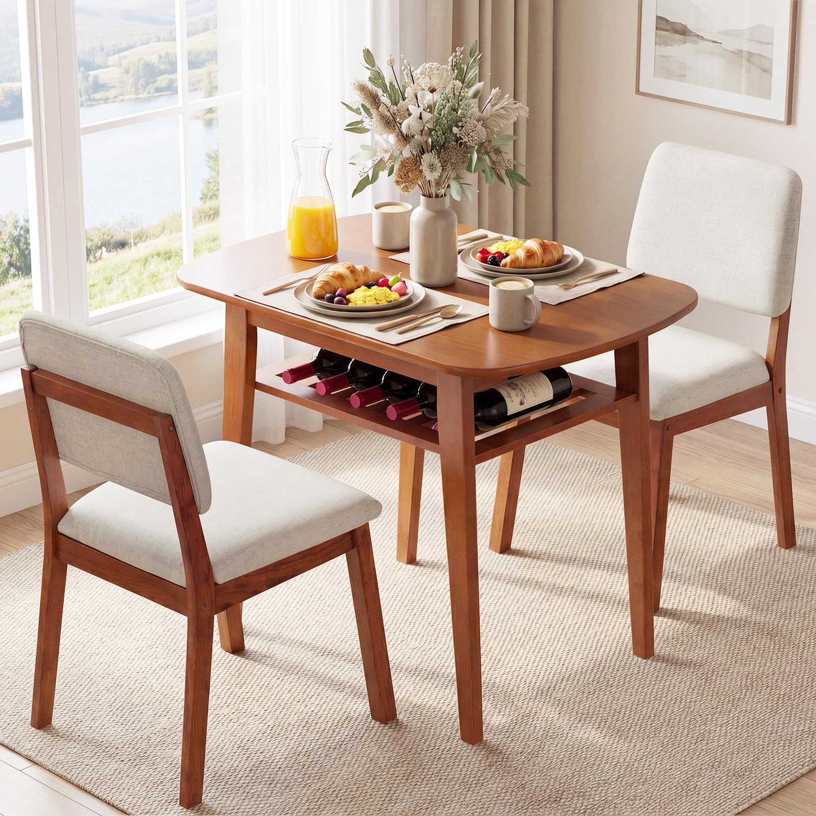 GIANTEX Dining Table Set for 2, Space Saving Kitchen Table and Chairs Set w/Rubber Wood Frame, Storage Rack, Padded Seats & Backrests, Dinette Set for Small Space, Apartment, Dining Room, Walnut
