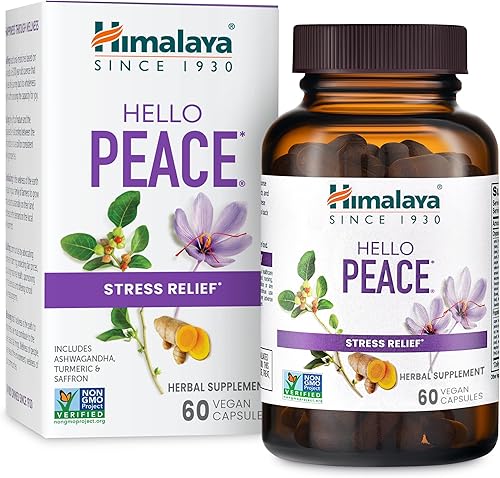 Himalaya Hello Peace - Suplemento herbario para aliviar el estrés con Ashwagandha y cúrcuma para cortisol normal y apoyo suprarrenal, vegano, sin