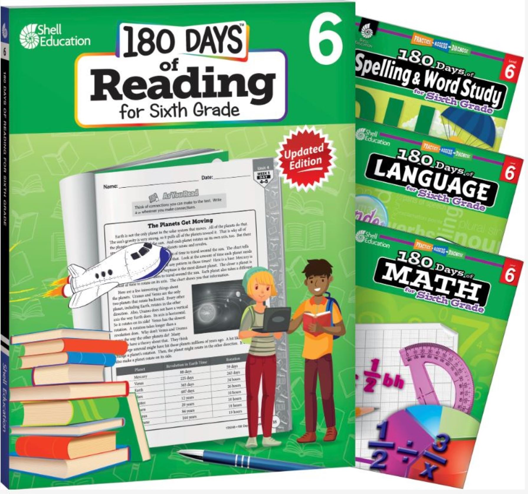 180 Days™: Reading 2nd Edition, Spelling, Language & Matemáticas Juego de 4 libros para 6º grado de práctica de práctica para aula y hogar, práctica fresca y divertida creada por profesores