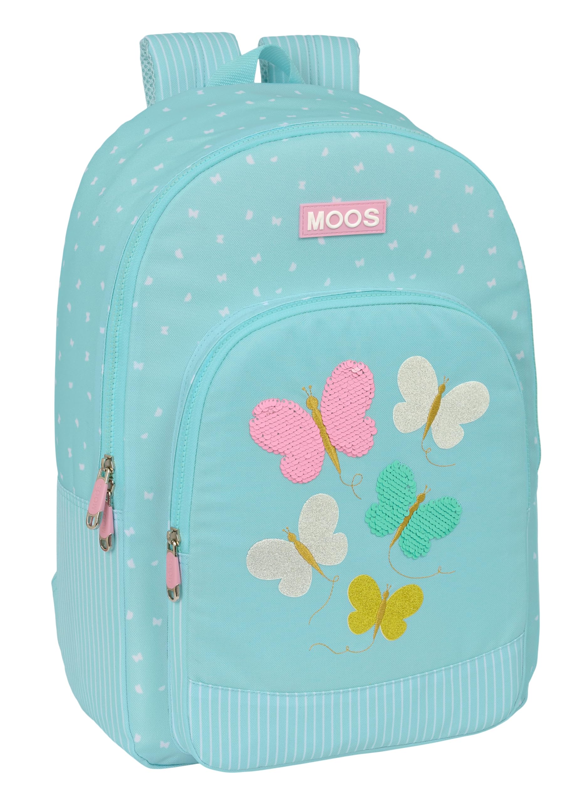 Safta MOOS BUTTERFLIES - Mochila Escolar, Adaptable a Carro, Ideal para Niños de Diferentes Edades, Cómoda y Versátil, Calidad y Resistencia, Color Azul Claro
